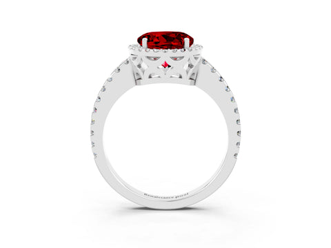 White gold Round Cut Ruby Halo Engagement Ring with Pavé Band and Prong Setting_15
