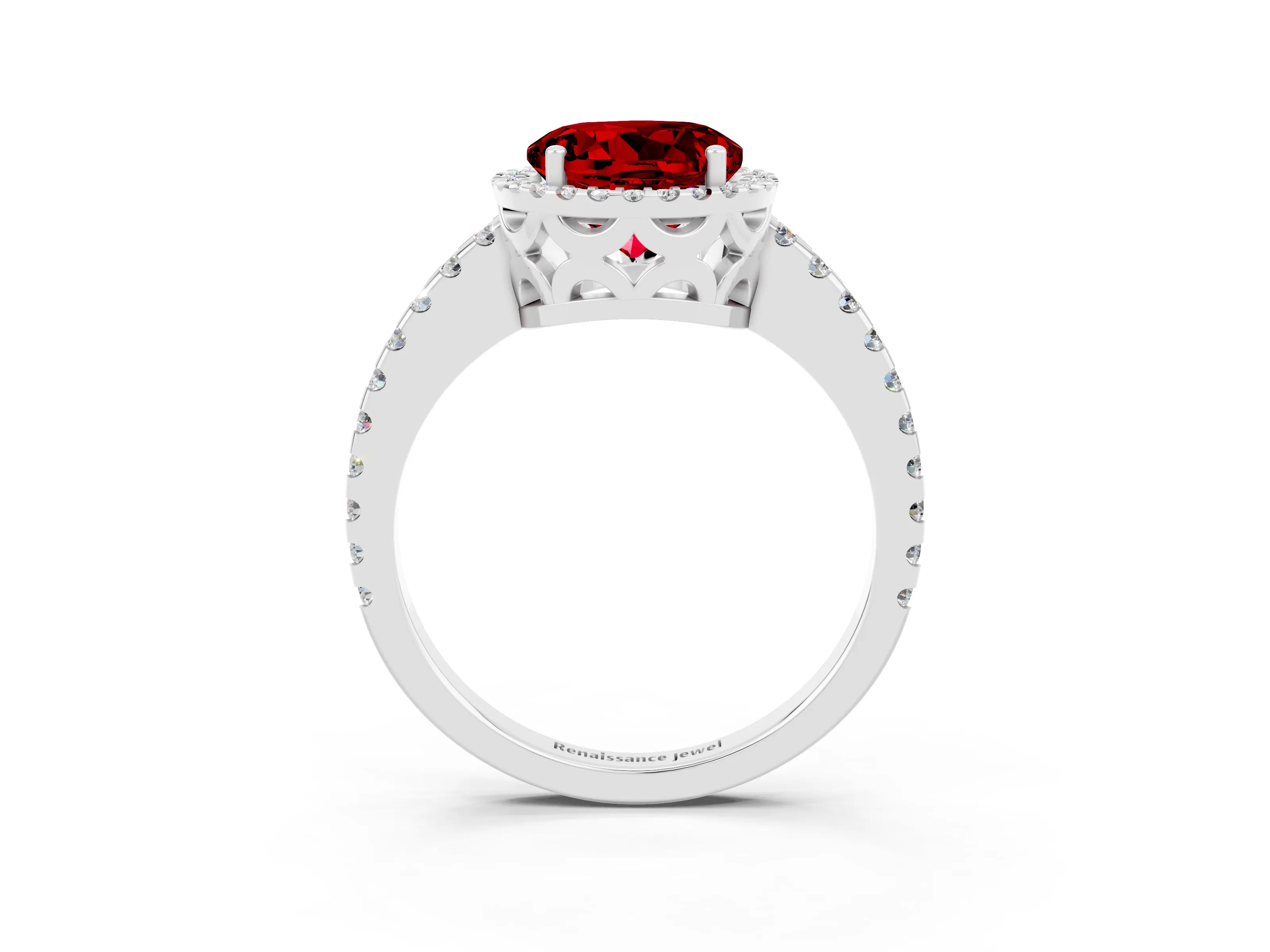 White gold Round Cut Ruby Halo Engagement Ring with Pavé Band and Prong Setting_15