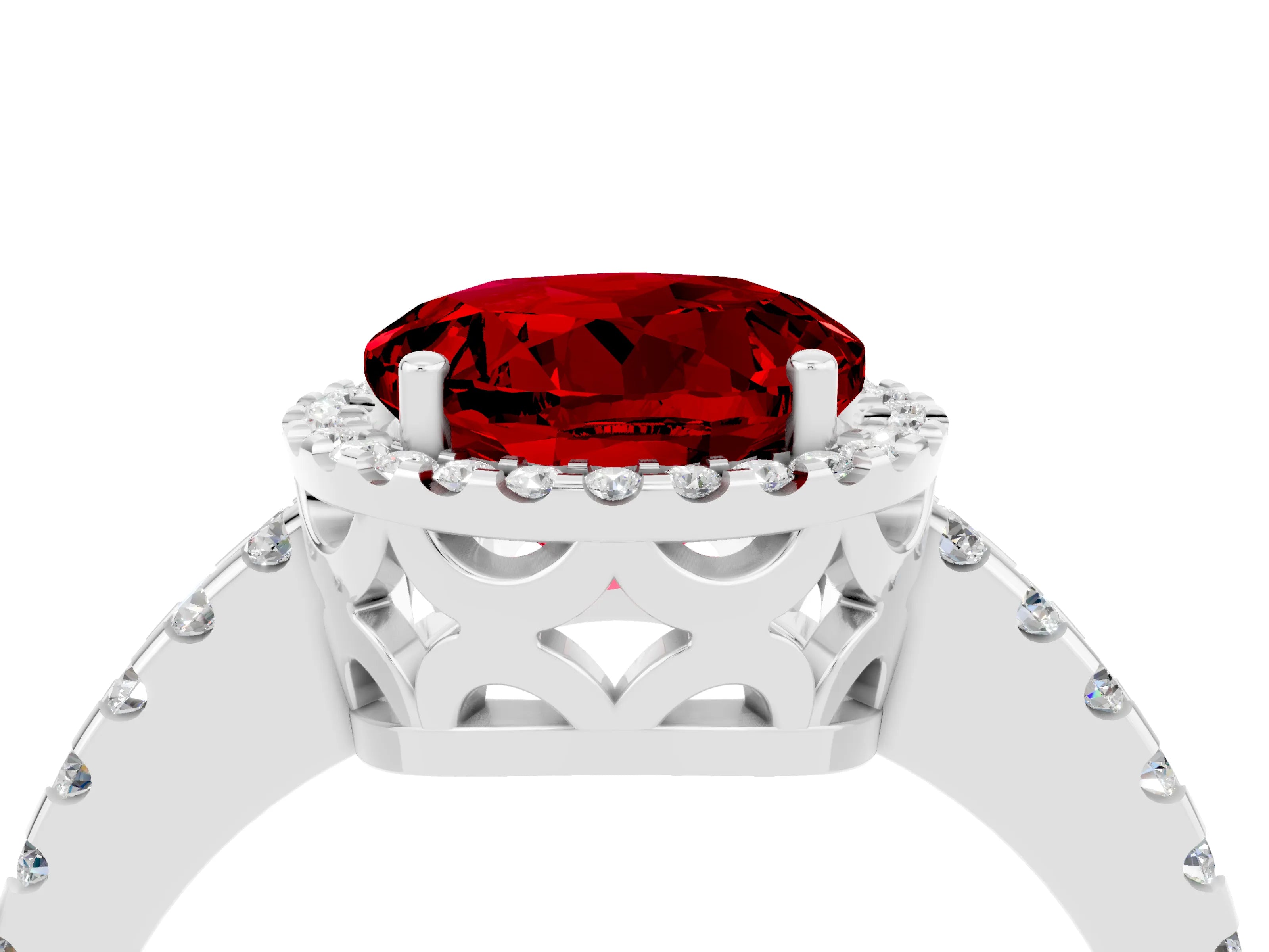 White gold Round Cut Ruby Halo Engagement Ring with Pavé Band and Prong Setting_16