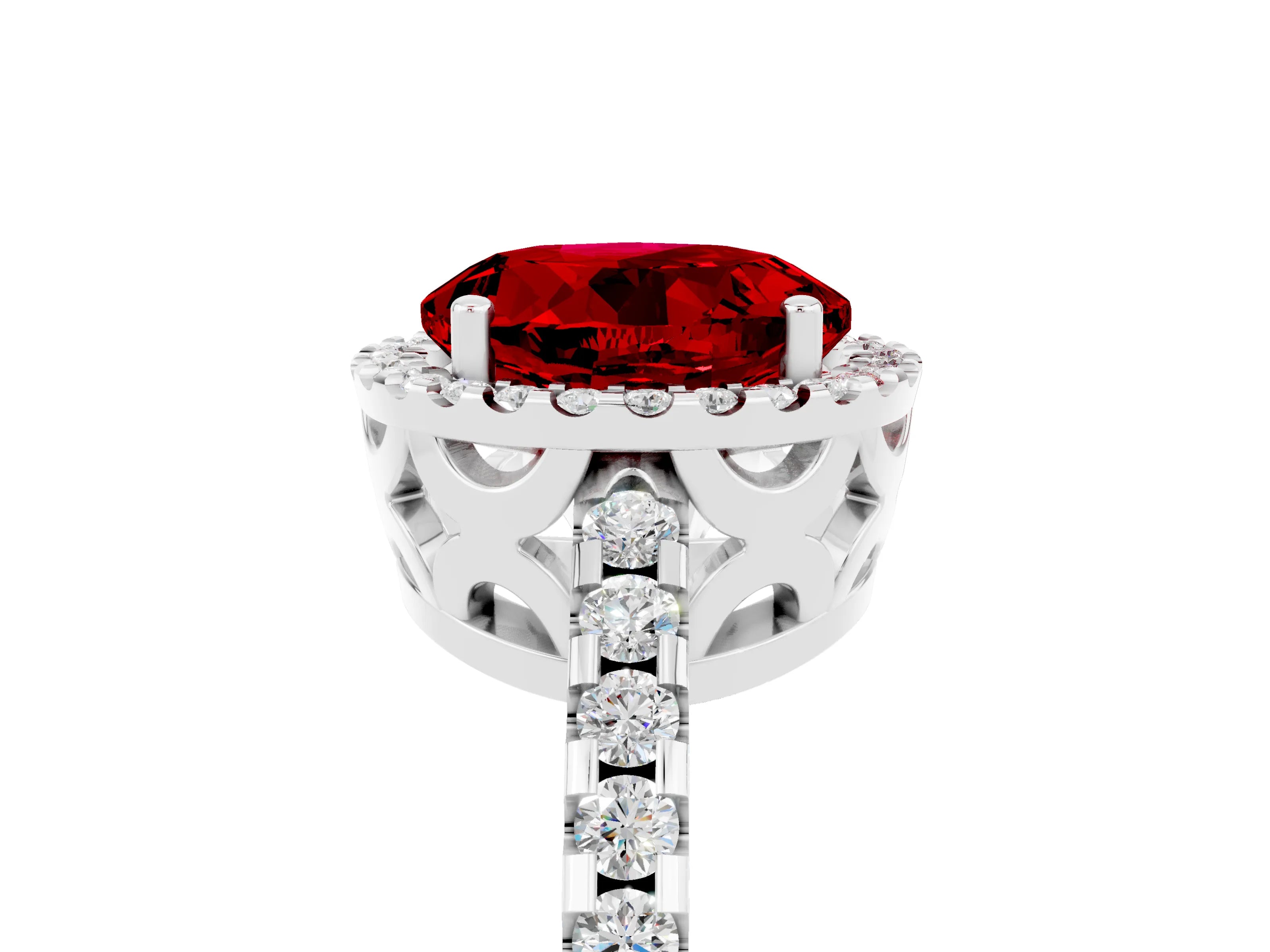 White gold Round Cut Ruby Halo Engagement Ring with Pavé Band and Prong Setting_17