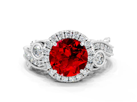 White gold Round Cut Ruby Halo Ring with Milgrain Pavé Band and Four-Prong Setting_12