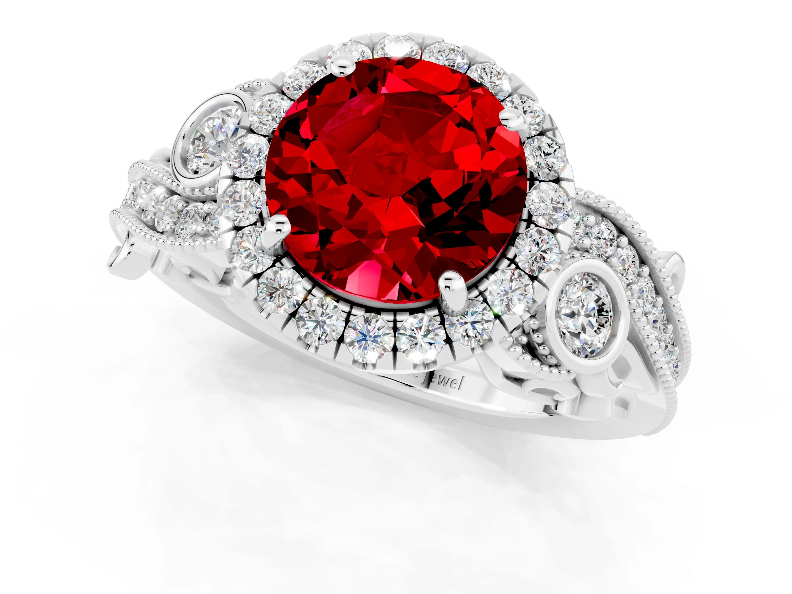 White gold Round Cut Ruby Halo Ring with Milgrain Pavé Band and Four-Prong Setting_13