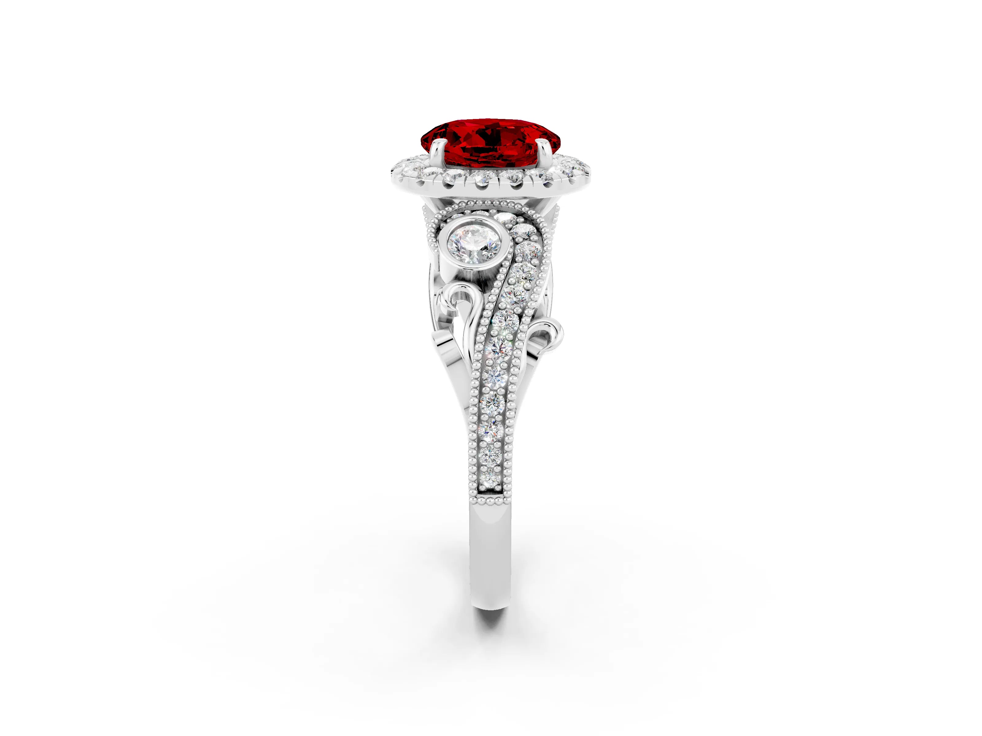 White gold Round Cut Ruby Halo Ring with Milgrain Pavé Band and Four-Prong Setting_14