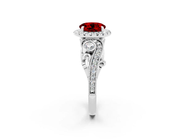 Platinum Round Cut Ruby Halo Ring with Milgrain Pavé Band and Four-Prong Setting