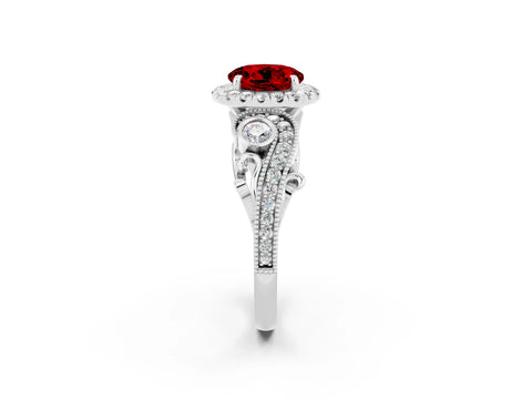 White gold Round Cut Ruby Halo Ring with Milgrain Pavé Band and Four-Prong Setting_14