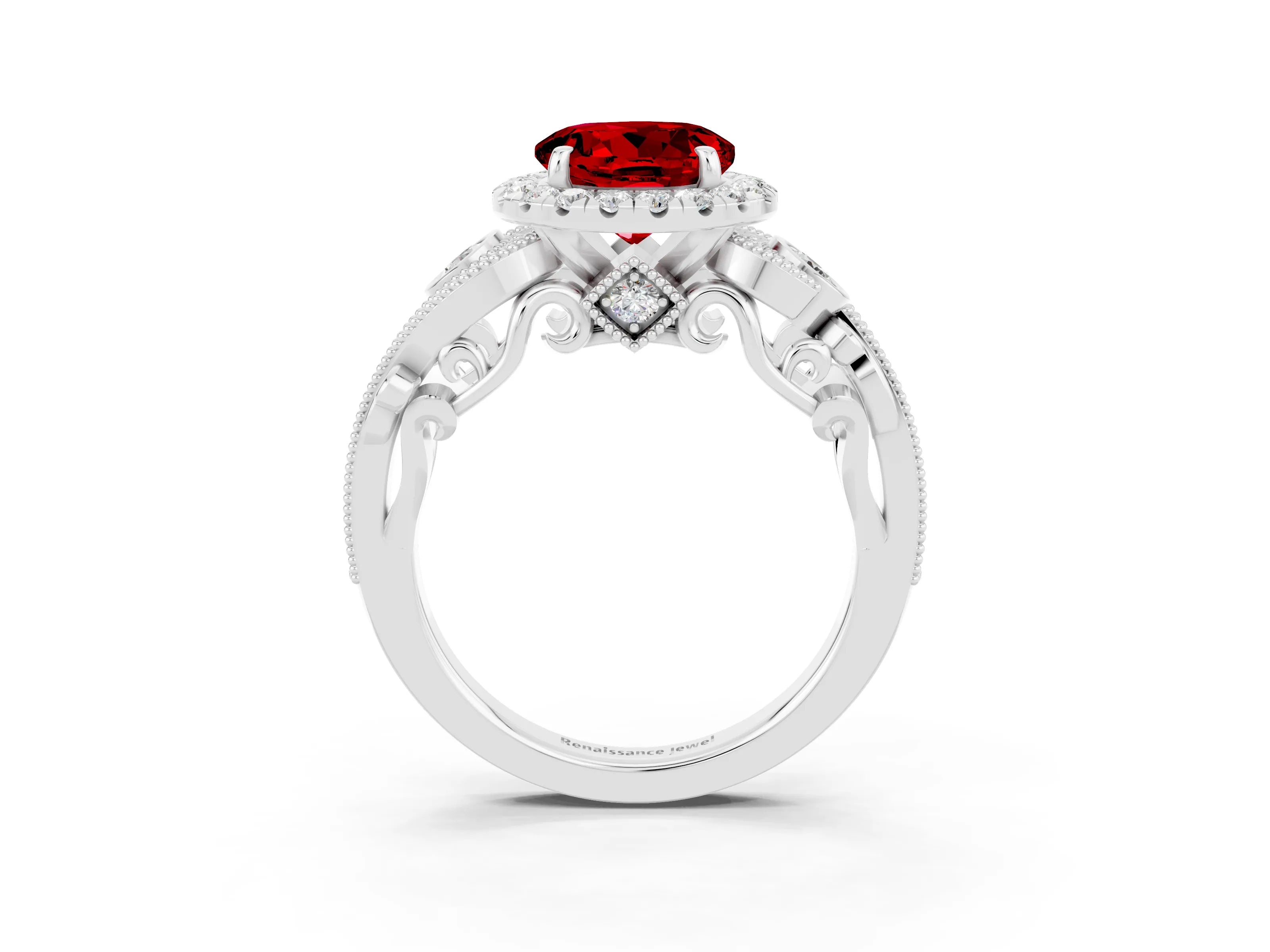 White gold Round Cut Ruby Halo Ring with Milgrain Pavé Band and Four-Prong Setting_15