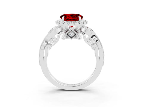 White gold Round Cut Ruby Halo Ring with Milgrain Pavé Band and Four-Prong Setting_15