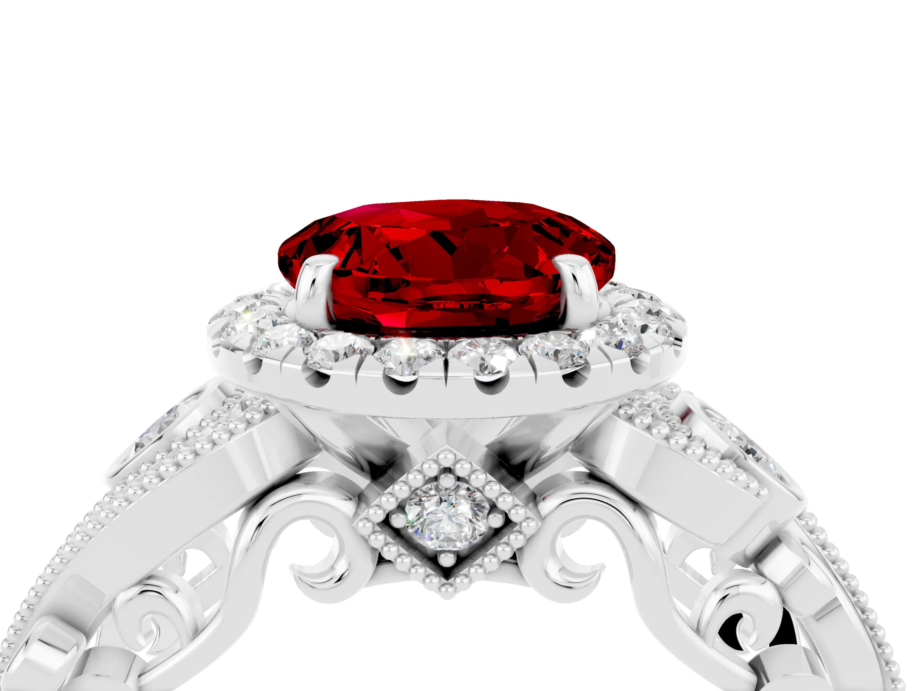 White gold Round Cut Ruby Halo Ring with Milgrain Pavé Band and Four-Prong Setting_16