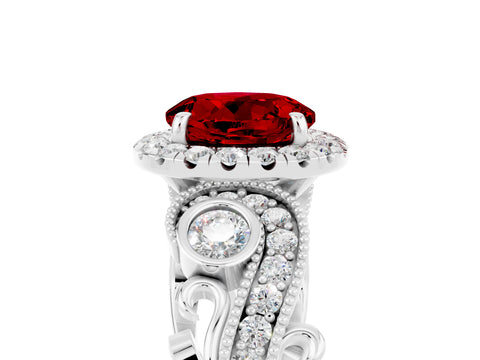 White gold Round Cut Ruby Halo Ring with Milgrain Pavé Band and Four-Prong Setting_17