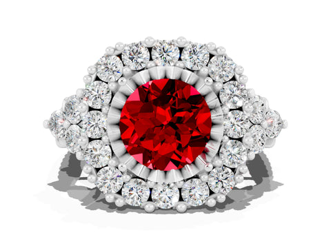 White gold Round Cut Ruby Halo Ring with Pavé Band and Four-Prong Setting_12