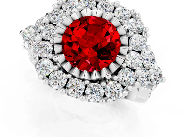 Platinum Round Cut Ruby Halo Ring with Pavé Band and Four-Prong Setting