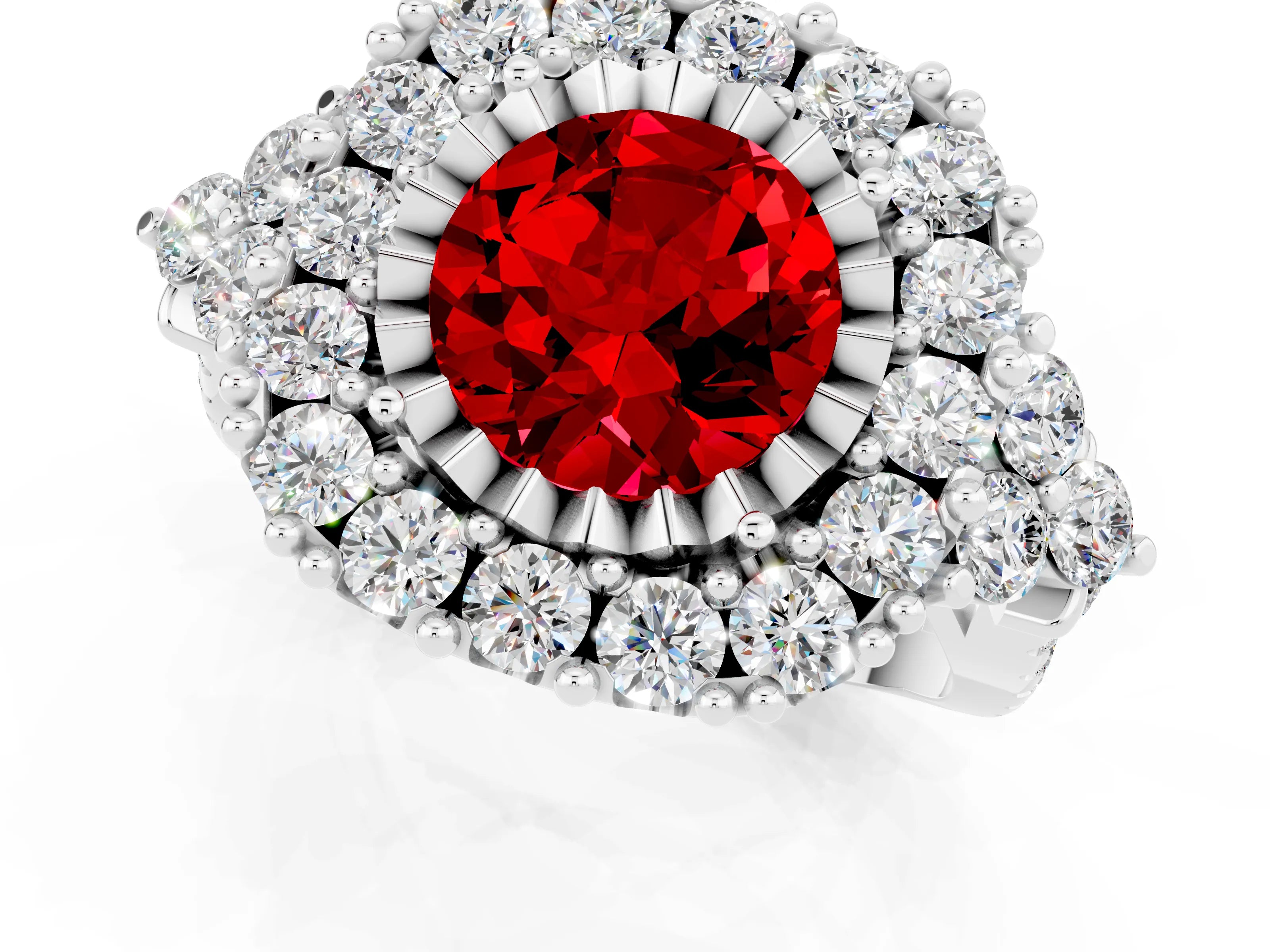 White gold Round Cut Ruby Halo Ring with Pavé Band and Four-Prong Setting_13