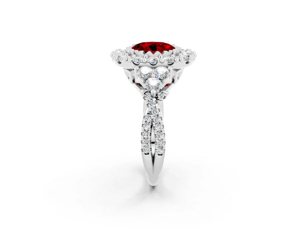 Silver Round Cut Ruby Halo Ring with Pavé Band and Four-Prong Setting