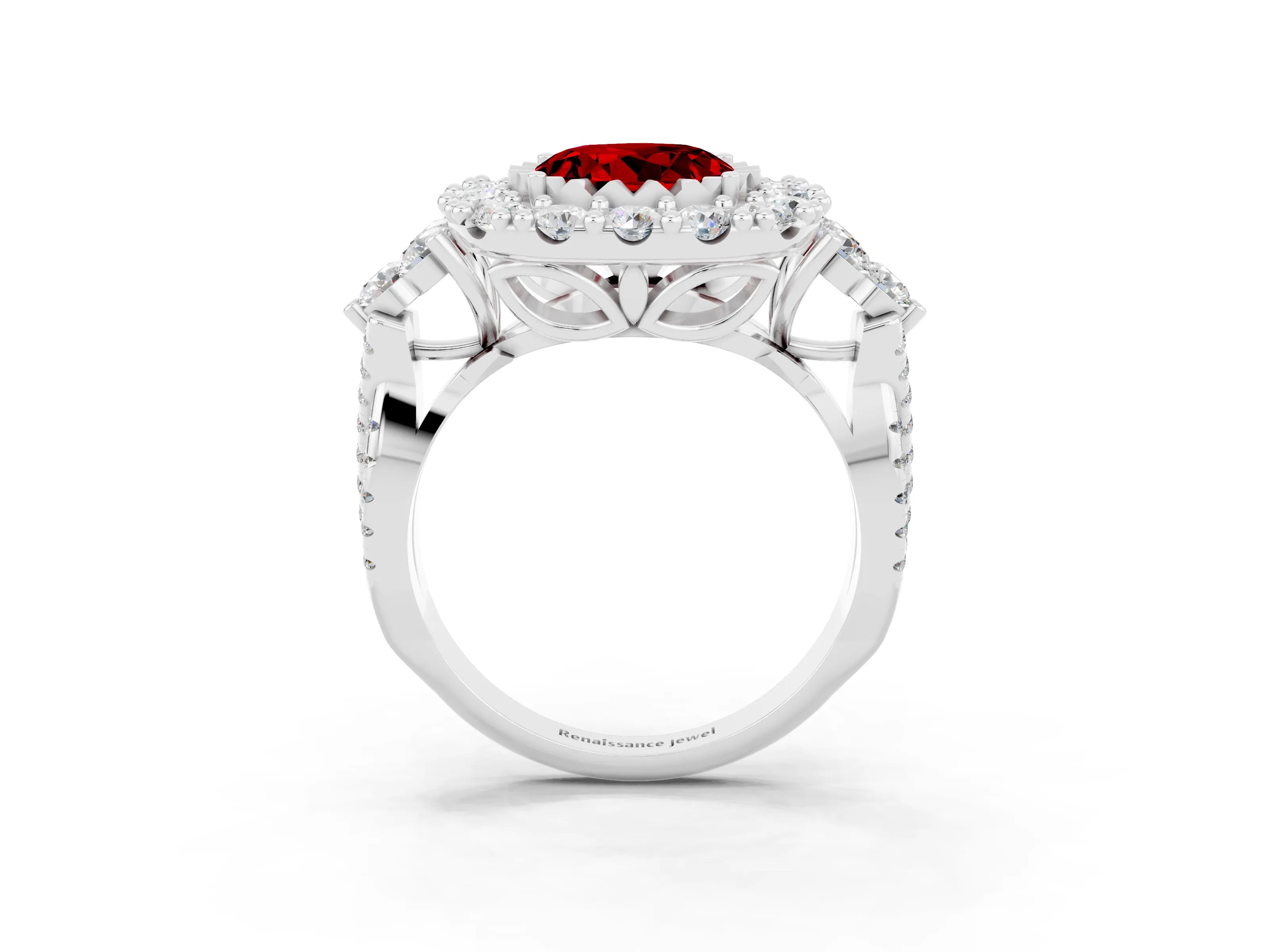 White gold Round Cut Ruby Halo Ring with Pavé Band and Four-Prong Setting_15