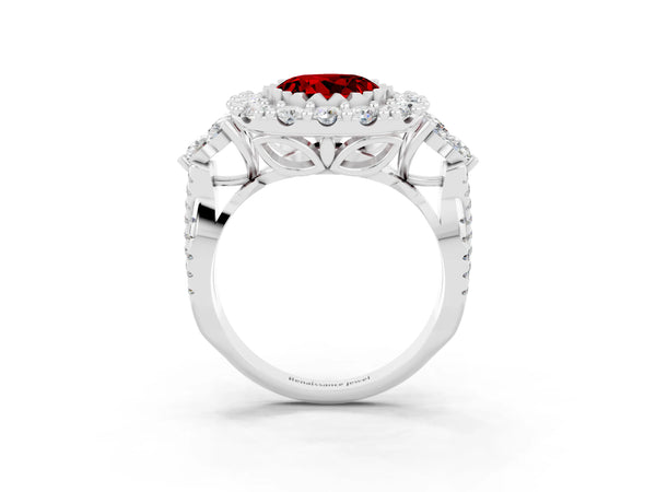 Platinum Round Cut Ruby Halo Ring with Pavé Band and Four-Prong Setting