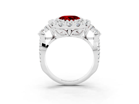White gold Round Cut Ruby Halo Ring with Pavé Band and Four-Prong Setting_15