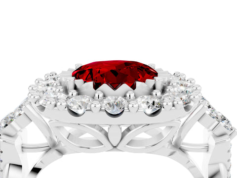 White gold Round Cut Ruby Halo Ring with Pavé Band and Four-Prong Setting_16