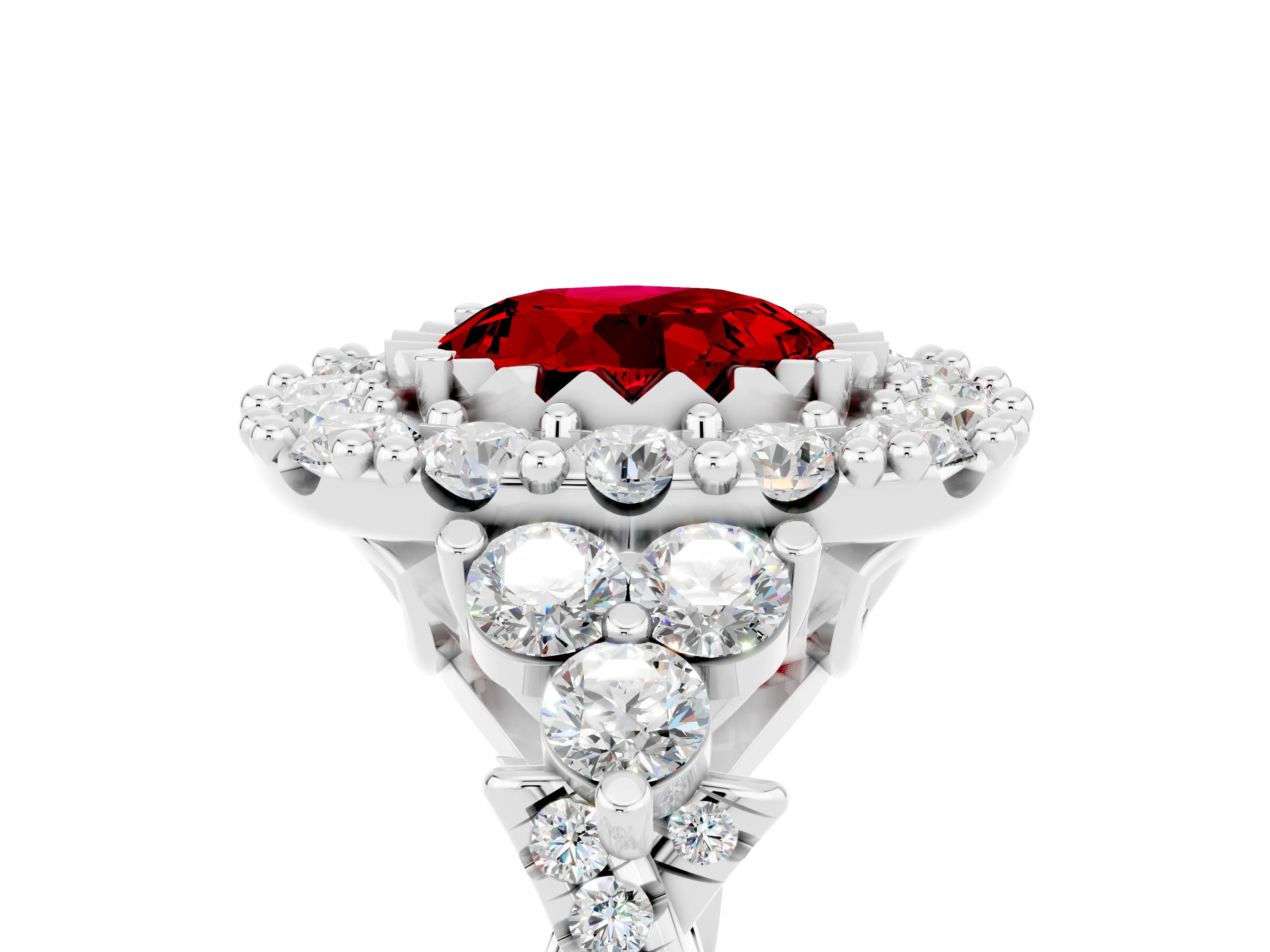 White gold Round Cut Ruby Halo Ring with Pavé Band and Four-Prong Setting_17
