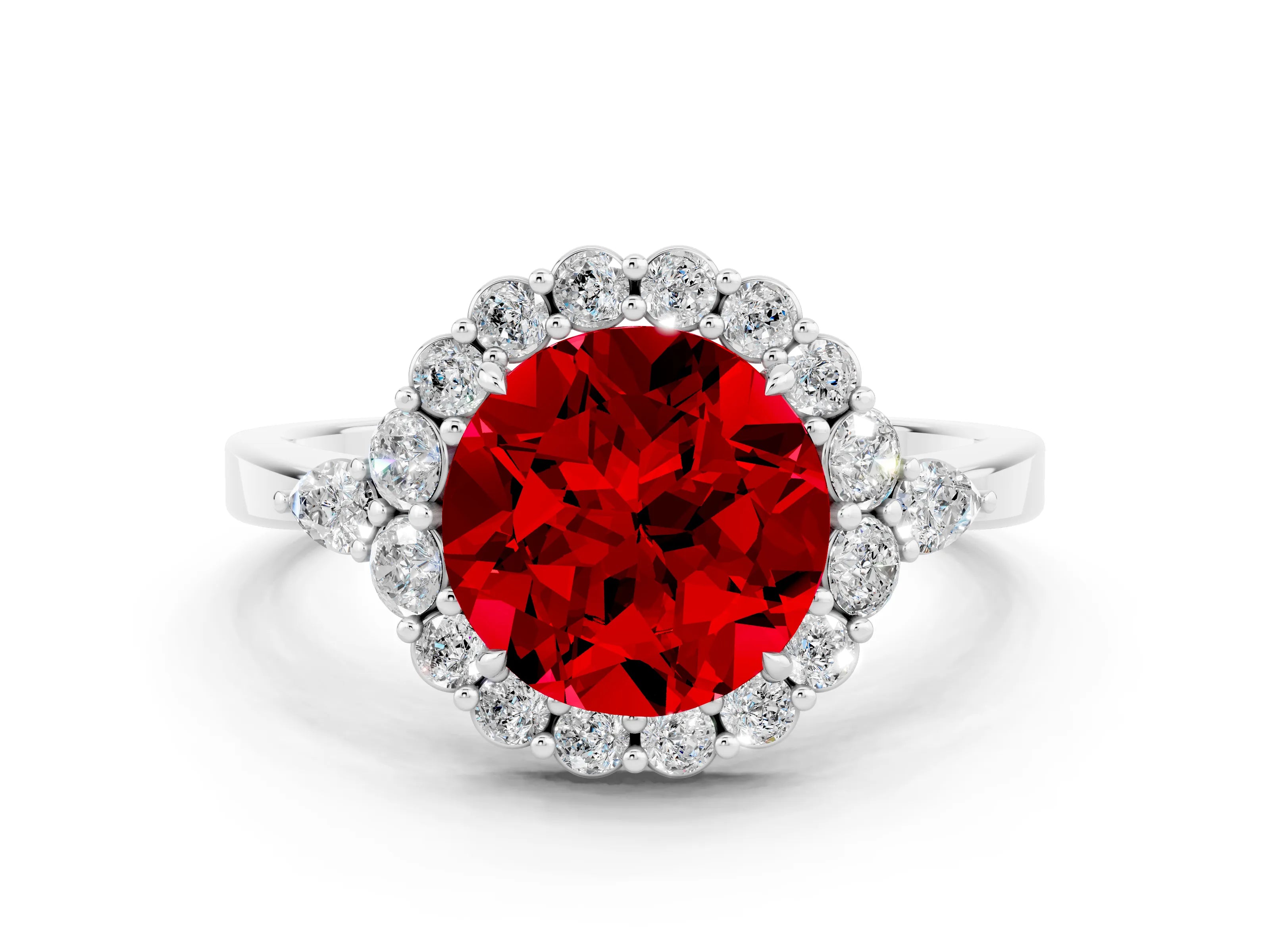 White gold Round Cut Ruby Halo Ring with Pear Side Stones and Prong Setting_24