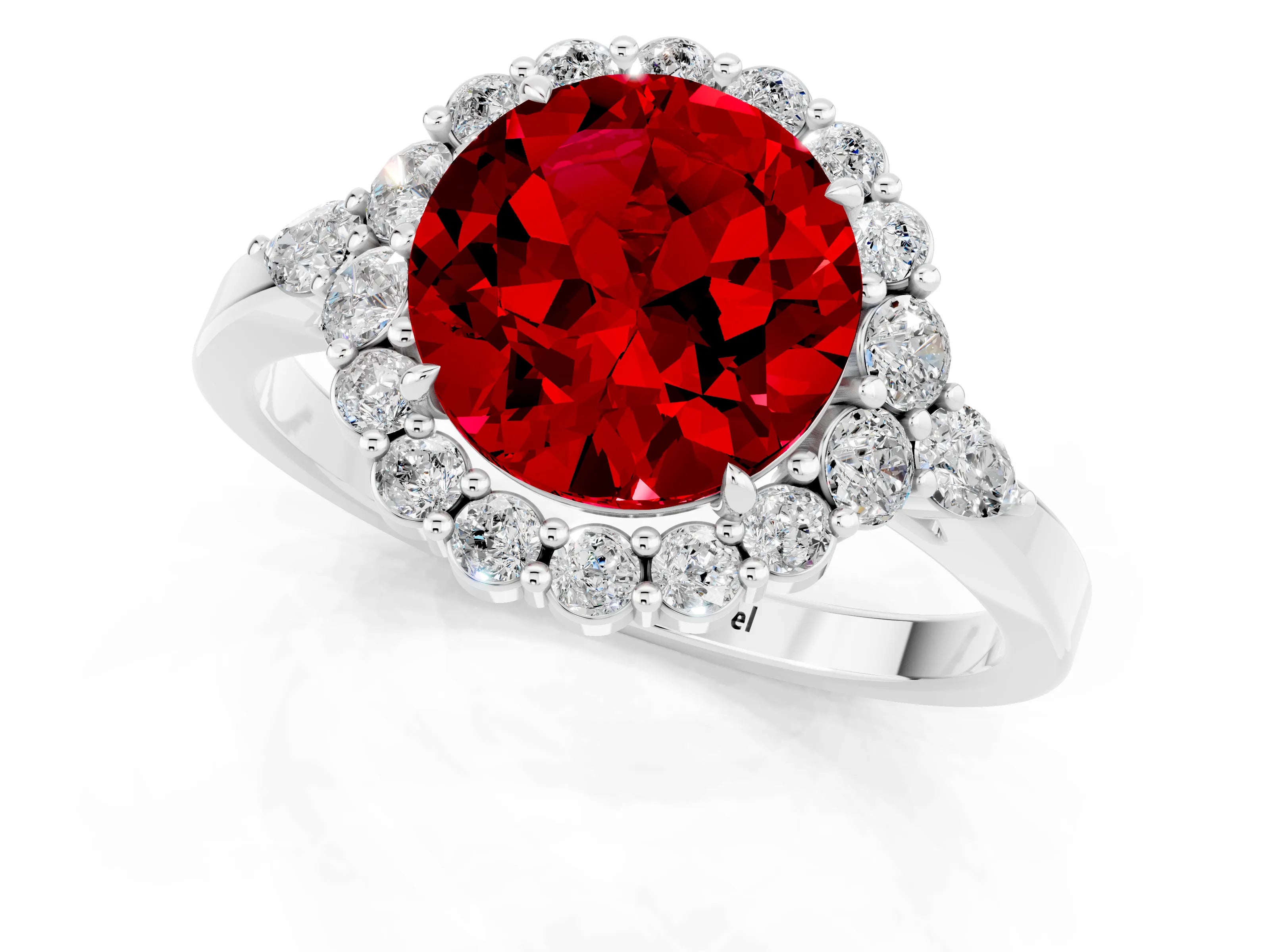 White gold Round Cut Ruby Halo Ring with Pear Side Stones and Prong Setting_25