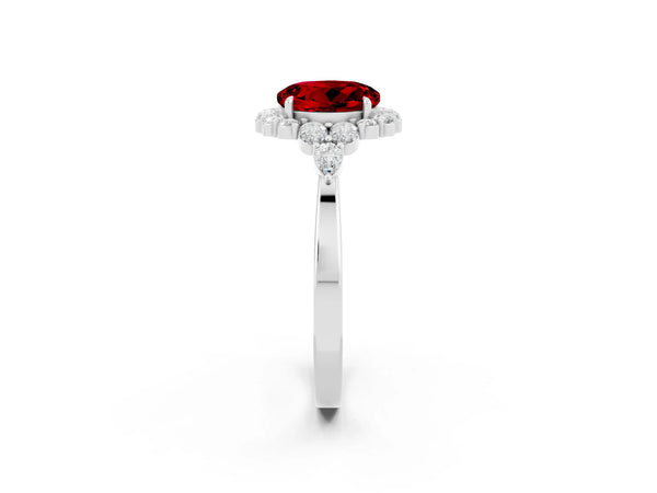 Platinum Round Cut Ruby Halo Ring with Pear Side Stones and Prong Setting