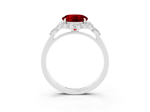 White gold Round Cut Ruby Halo Ring with Pear Side Stones and Prong Setting