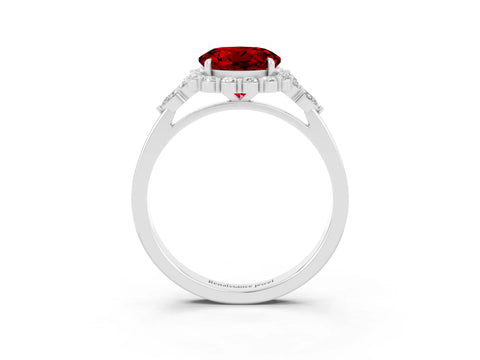 White gold Round Cut Ruby Halo Ring with Pear Side Stones and Prong Setting_27