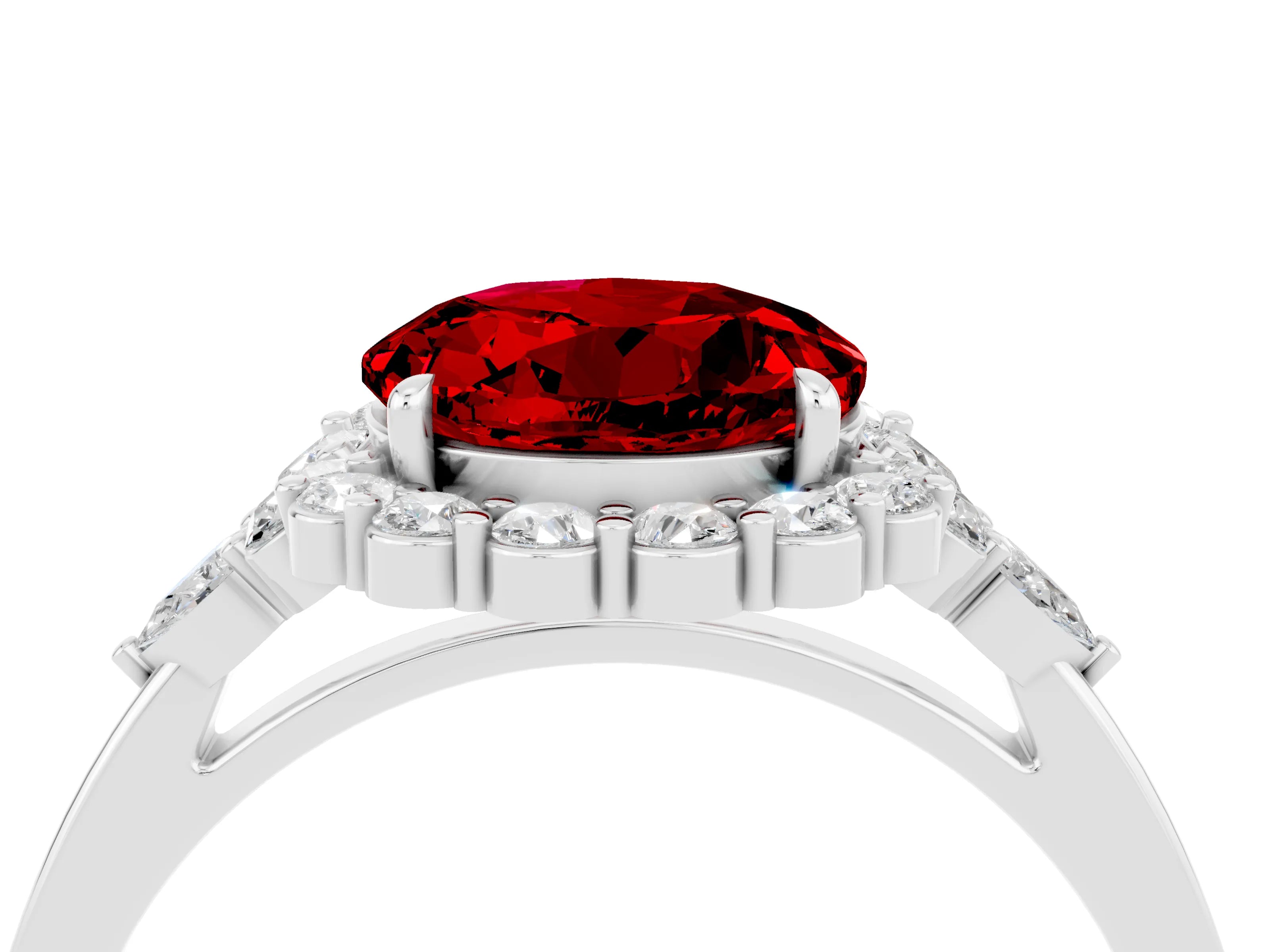 White gold Round Cut Ruby Halo Ring with Pear Side Stones and Prong Setting_28