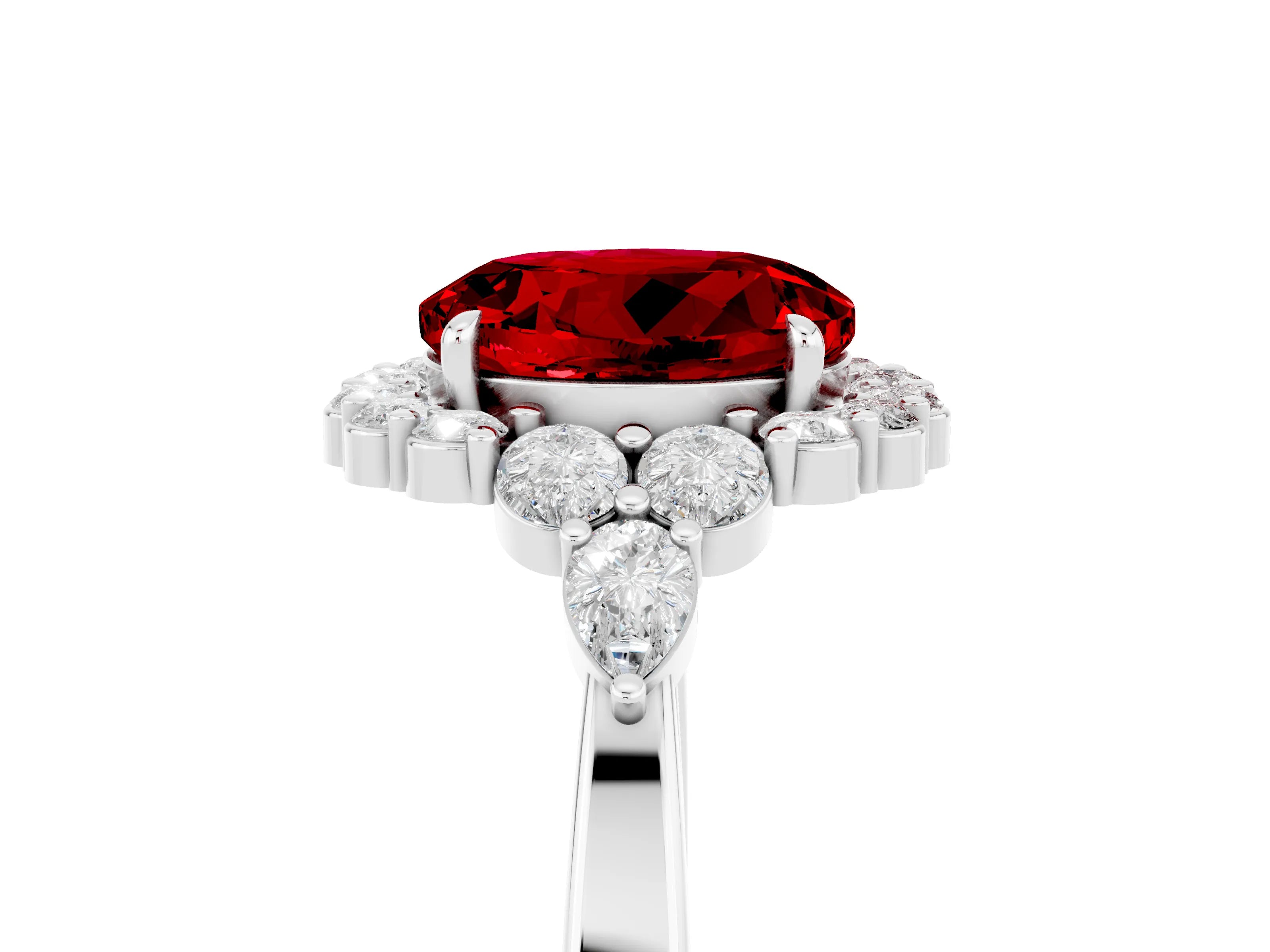 White gold Round Cut Ruby Halo Ring with Pear Side Stones and Prong Setting_29