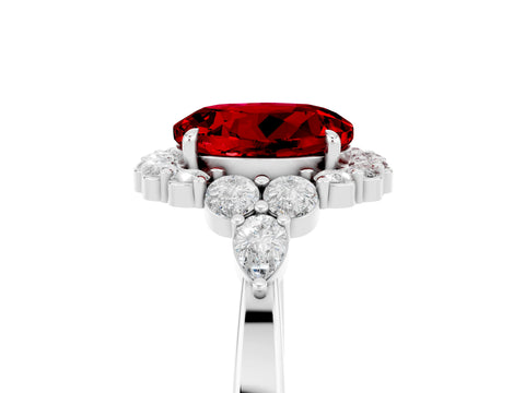 White gold Round Cut Ruby Halo Ring with Pear Side Stones and Prong Setting_29