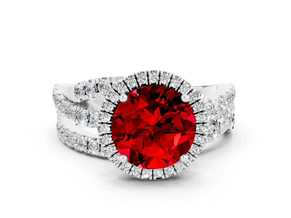 Platinum Round Cut Ruby Halo Ring with Round Split Shank and Prong Setting
