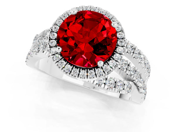 Platinum Round Cut Ruby Halo Ring with Round Split Shank and Prong Setting