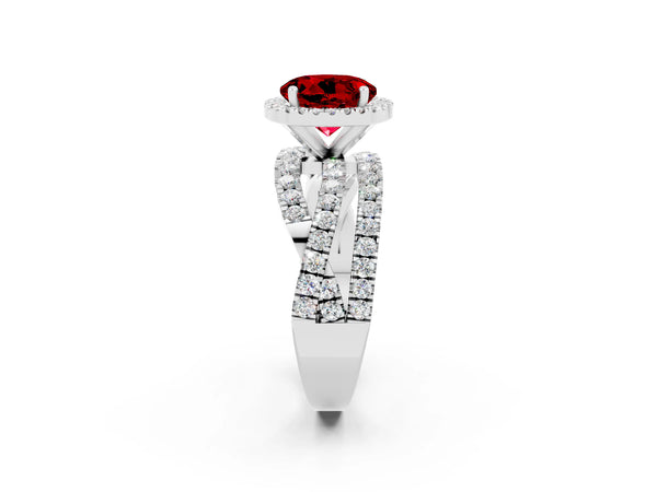 Platinum Round Cut Ruby Halo Ring with Round Split Shank and Prong Setting