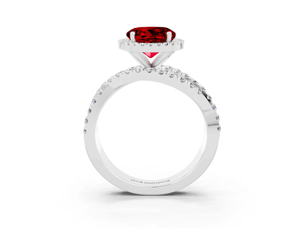 Platinum Round Cut Ruby Halo Ring with Round Split Shank and Prong Setting