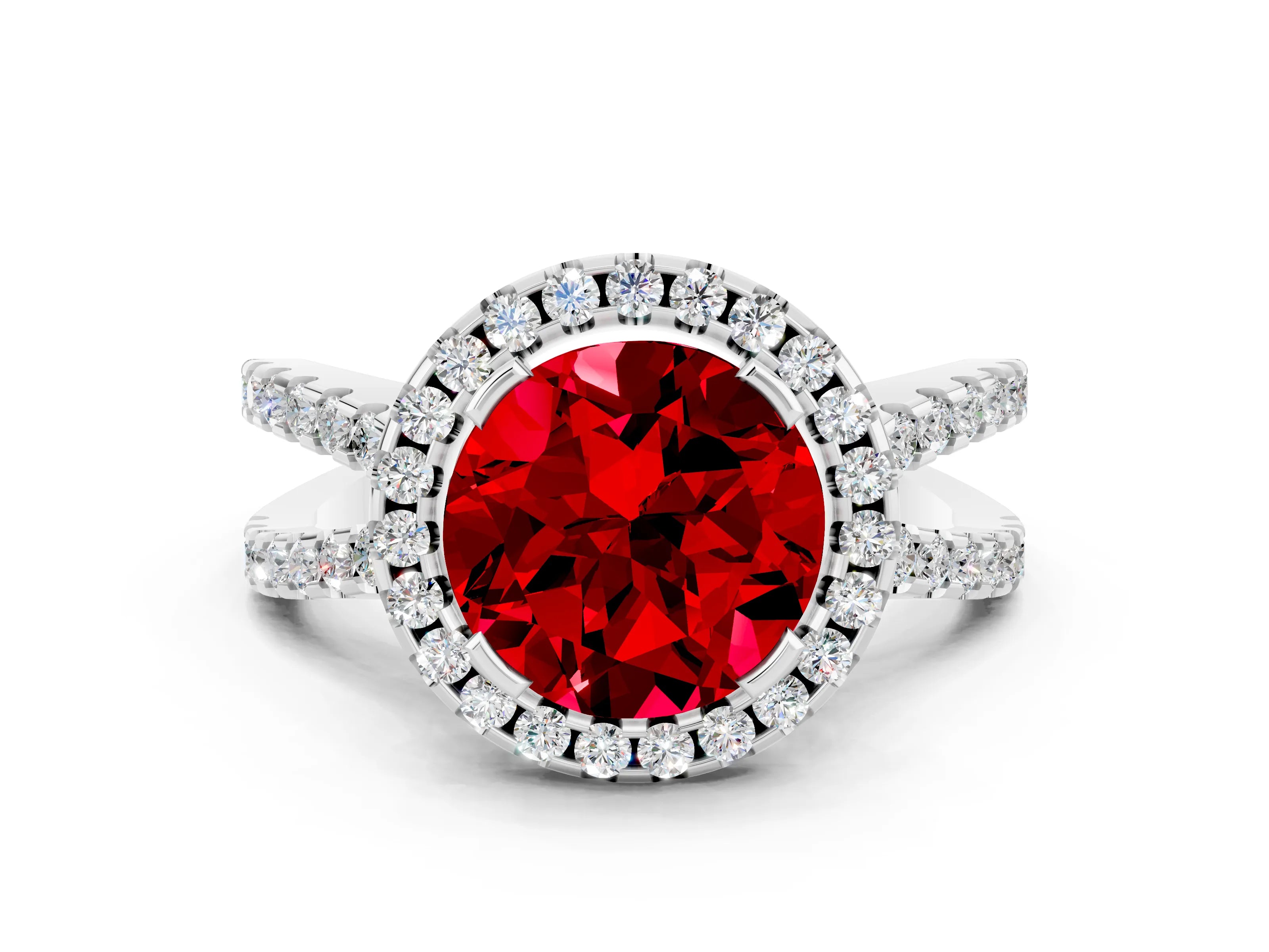 White gold Round Cut Ruby Halo Ring with Split Shank Pavé Band and Prong Setting