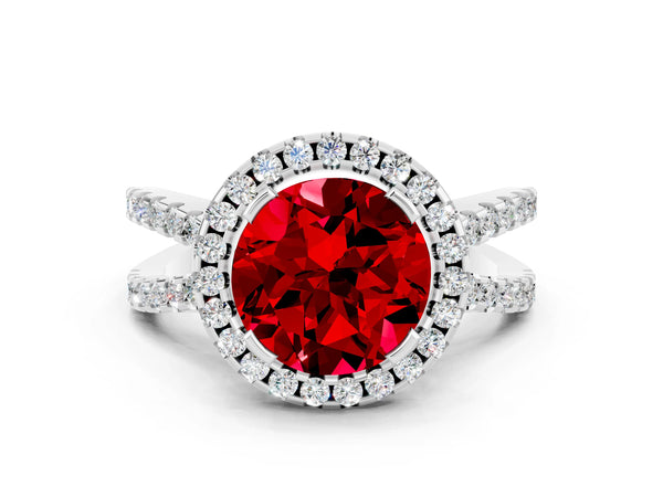 Platinum Round Cut Ruby Halo Ring with Split Shank Pavé Band and Prong Setting
