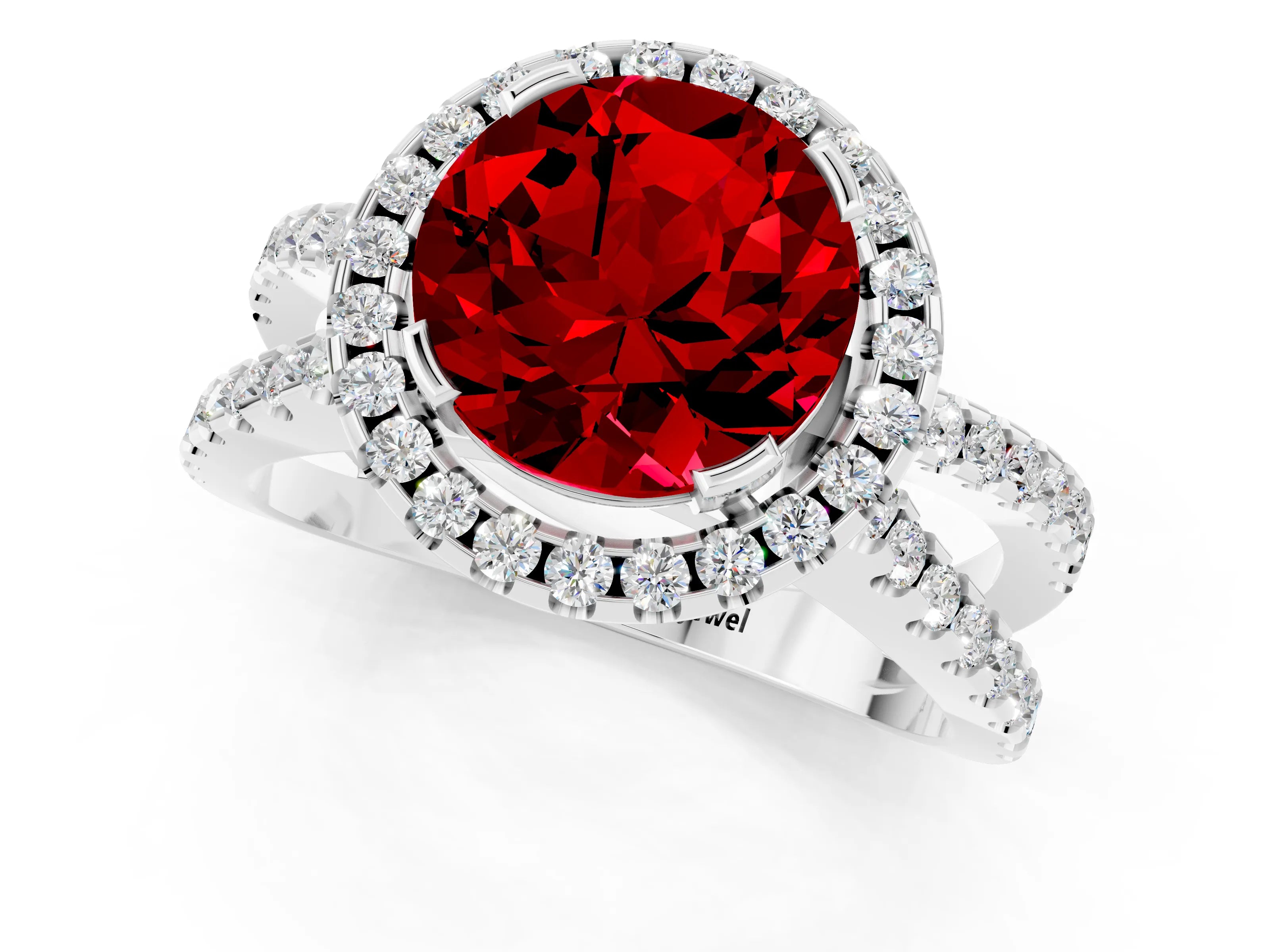 White gold Round Cut Ruby Halo Ring with Split Shank Pavé Band and Prong Setting_1