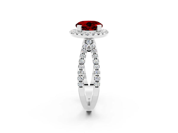 Platinum Round Cut Ruby Halo Ring with Split Shank Pavé Band and Prong Setting