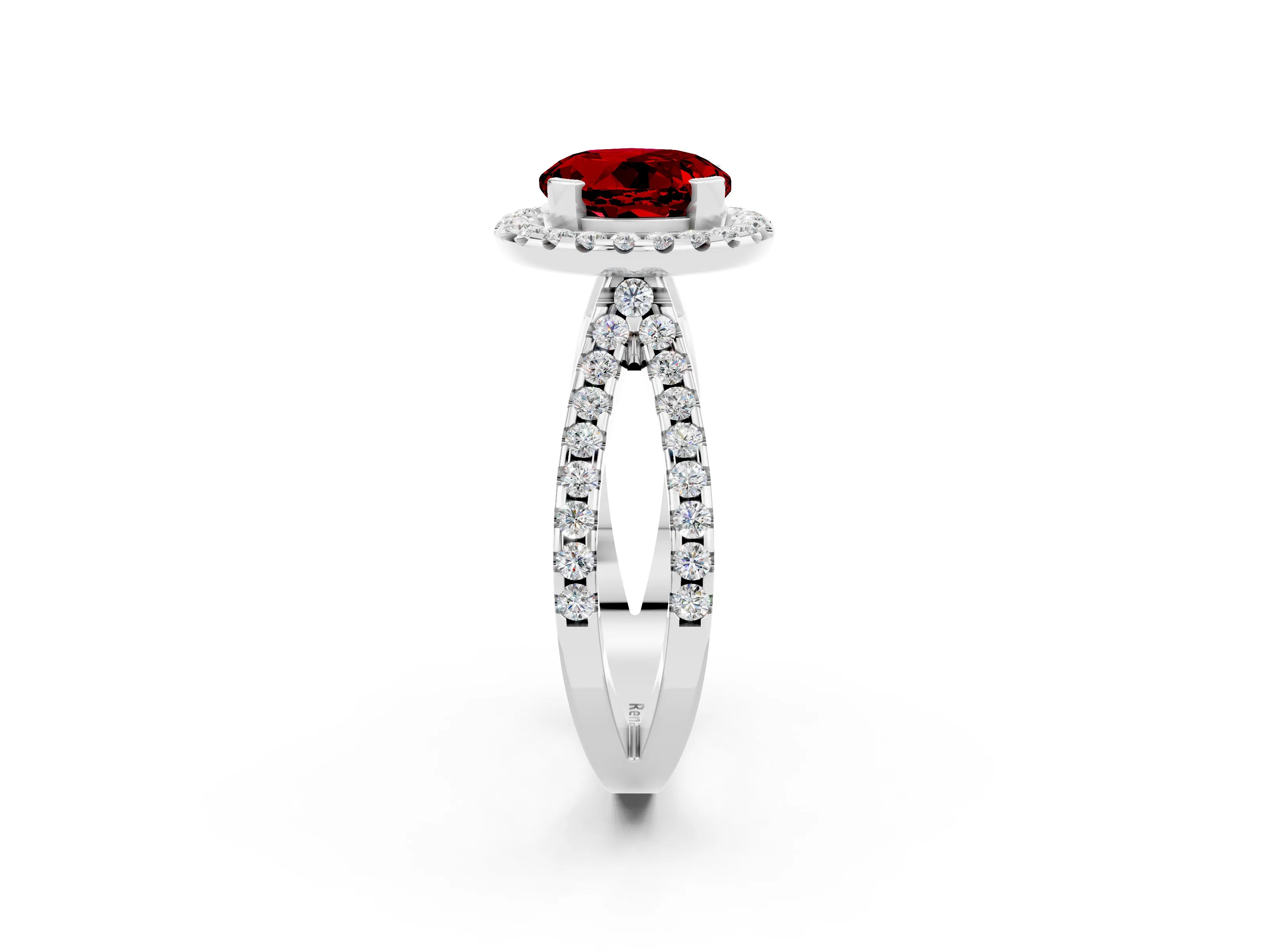 White gold Round Cut Ruby Halo Ring with Split Shank Pavé Band and Prong Setting_2