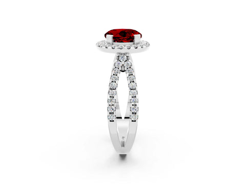 White gold Round Cut Ruby Halo Ring with Split Shank Pavé Band and Prong Setting_2