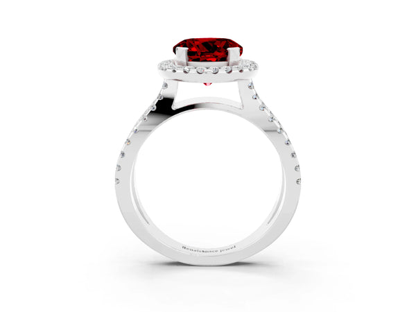 Platinum Round Cut Ruby Halo Ring with Split Shank Pavé Band and Prong Setting