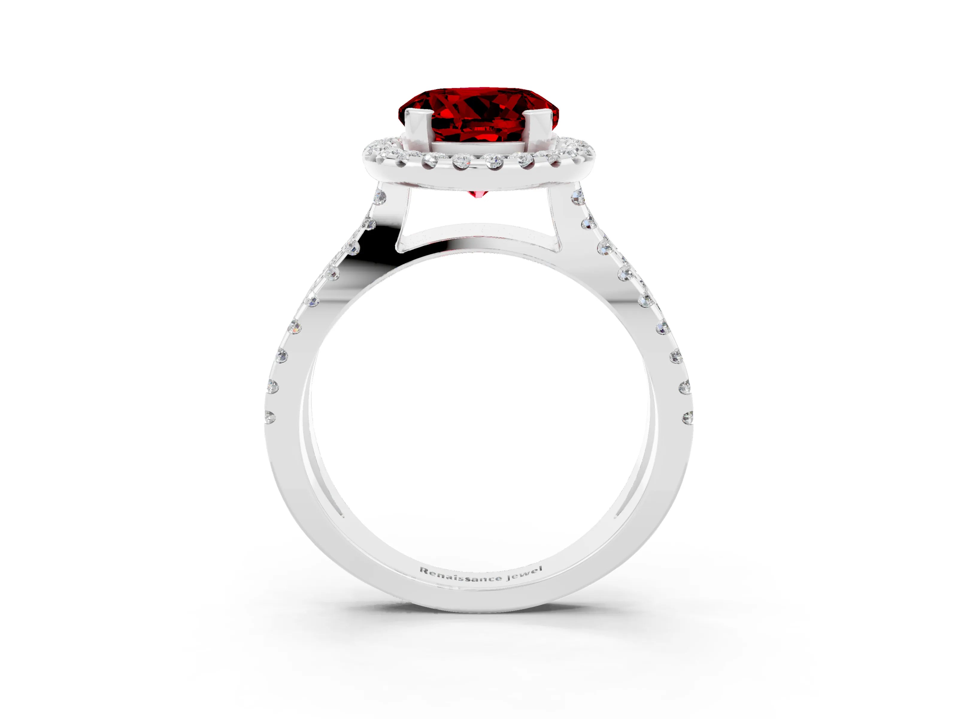 White gold Round Cut Ruby Halo Ring with Split Shank Pavé Band and Prong Setting_3