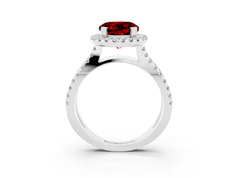 White gold Round Cut Ruby Halo Ring with Split Shank Pavé Band and Prong Setting_3