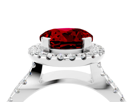 White gold Round Cut Ruby Halo Ring with Split Shank Pavé Band and Prong Setting_4