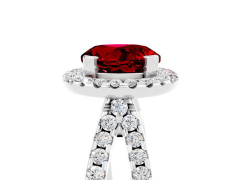 White gold Round Cut Ruby Halo Ring with Split Shank Pavé Band and Prong Setting_5
