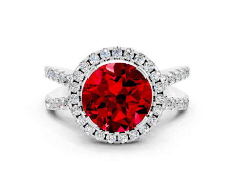 White gold Round Cut Ruby Halo Ring with Split Shank Pavé Band and Prong Setting