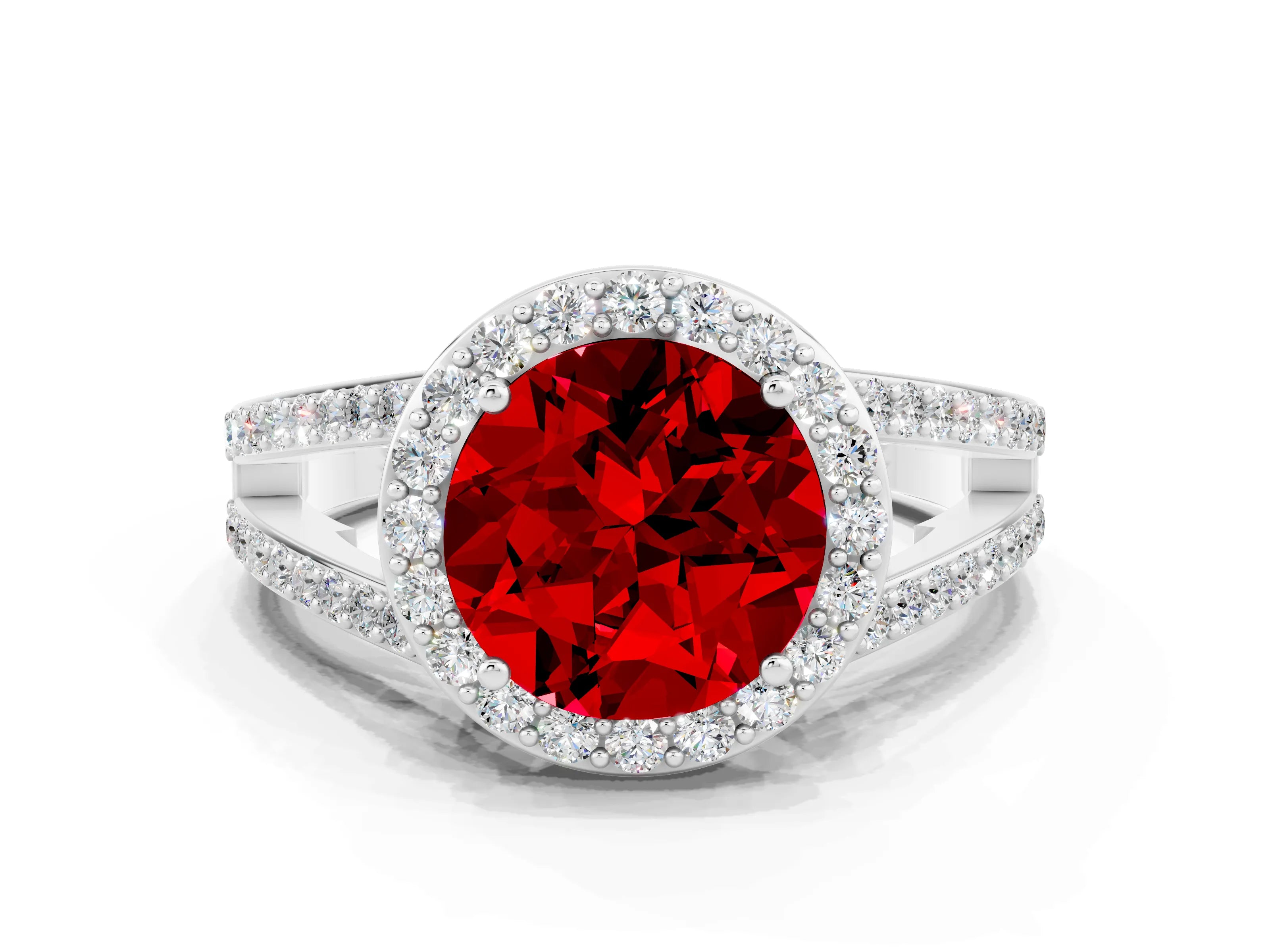 White gold Round Cut Ruby Halo Ring with Split Shank U-Prong Band and Four-Prong Setting