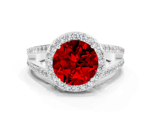 Platinum Round Cut Ruby Halo Ring with Split Shank U-Prong Band and Four-Prong Setting