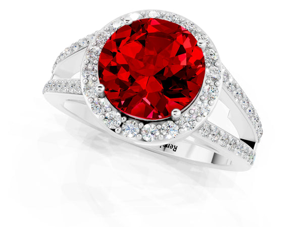 White gold Round Cut Ruby Halo Ring with Split Shank U-Prong Band and Four-Prong Setting