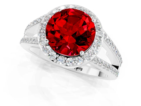 White gold Round Cut Ruby Halo Ring with Split Shank U-Prong Band and Four-Prong Setting_1